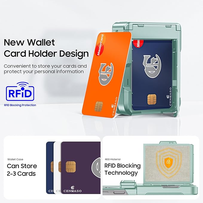 CENMASO for Samsung Galaxy Z Flip 6 Case/Z Flip 7 FE Case with Card Holder [RFID Blocking] & Hinge Protection & Screen Protector, Full-Body Shockproof Phone Case for Z Flip 6/Z Flip 7 FE-Mint Green