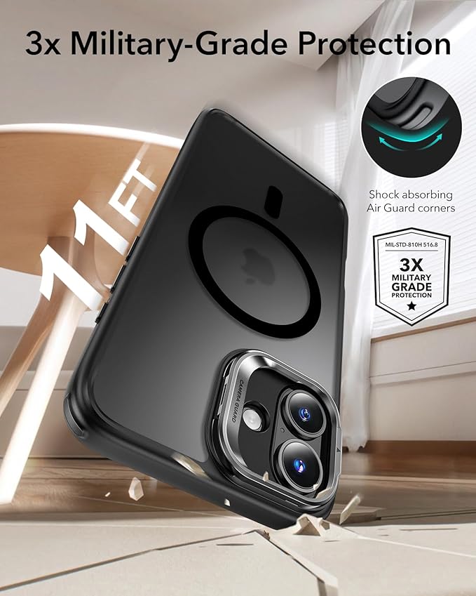 ESR for iPhone 16 Case, Compatible with MagSafe, Military-Grade Protective Case, Built-in Stash Stand Phone Case, Scratch-Resistant Back Cover, Classic Series, Frosted Black