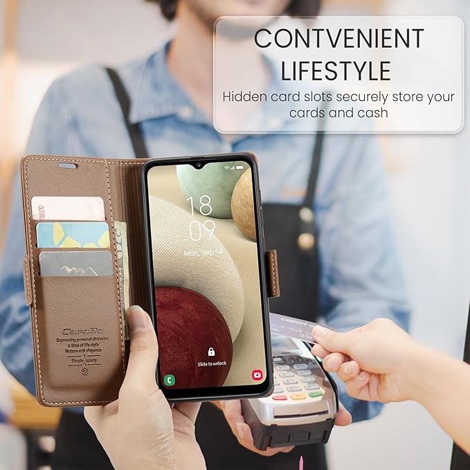 for Samsung Galaxy A12 5G Case, Premium PU Leather Wallet Case Flip Cover with [RFID Blocking][Card Holder][Stand Function] Shockproof Protective for Samsung Galaxy A12, Brown