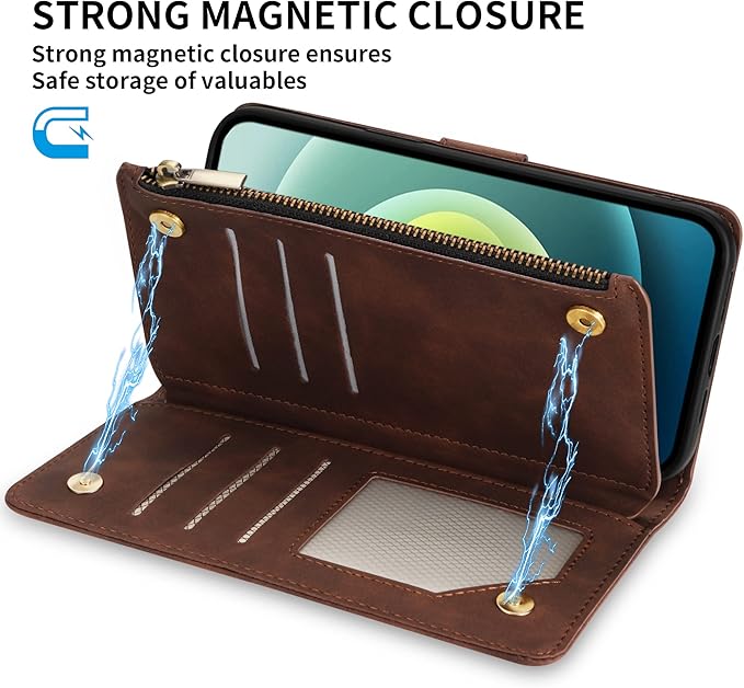 ZZXX for iPhone 12 Mini Wallet Case with Card Slot Premium Soft PU Leather Zipper Flip Folio Wallet with Wrist Strap Kickstand Protective for iPhone 12 Mini Case Wallet(Coffee 5.4 inch)