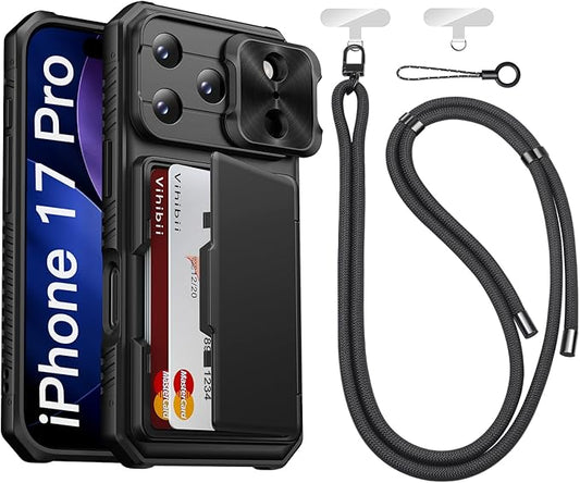 Vihibii for iPhone 17 Pro Case with Crossbody Lanyard Strap, Built-in Card Holder (4 Cards) [RFID Blocking] & Slide Camera Cover, Military Grade Drop Protection, Hard Back & Soft Edge Case 2025, Black