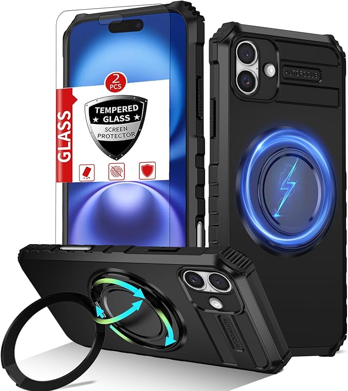 for iPhone 16 Case Magnetic Compatible with MagSafe Wireless Charging,with 2 Screen Protectors,Built-in 360°Kickstand Ring,Military Grade Drop Shockproof Heavy Duty Protection Phone Men Black