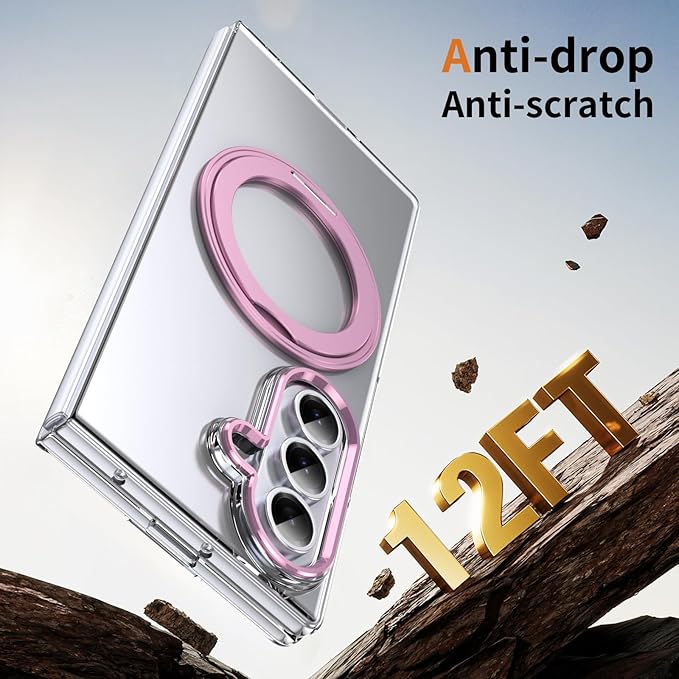 for Samsung Galaxy Z Fold 7 Case with Magnetic Ring Holder, 360 Rotating Bracket, Built-in Front Screen Len Protector, Anti-Yellowing & Anti-Fingerprint Crystal Clear Case.(Pink)