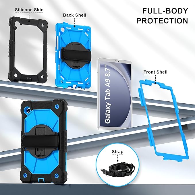 for Samsung Galaxy Tab A9 Case 8.7 inch SM-X110 X115 X117, Heavy Duty Shockproof Silicone Cover Rugged 360 Stand Hand Shoulder Strap for Galaxy A9 Tablet, Black/Blue