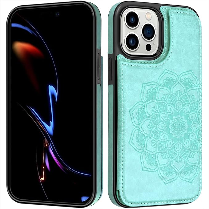 MMHUO Mint Flower Magnetic Back Flip Case for iPhone 14 Pro with Card Holder