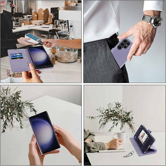 MONASAY Wallet Case Compatible for Galaxy S23 Ultra 5G,[RFID Blocking] Flip Folio Leather Cell Phone Cover with Credit Card Holder, 6.8 inch, Lavenders