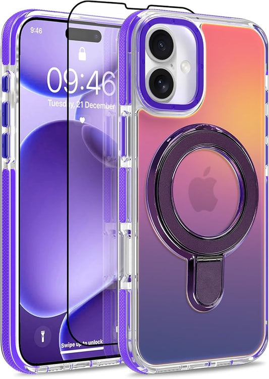 MOWIME Magnetic for iPhone 17 Case with Stand [Compatible with Magsafe] [Cute Fashion Fluorescent Design] [1 Screen Protector] Slim Translucent Matte Case for iPhone 17 6.3" 2025, Purple
