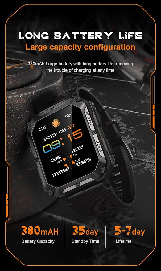 Gravity C20 Pro 1.83" Rugged Smartwatch, IP68 Waterproof, Bluetooth Call, AI Voice, 100+ Sports Modes, Heart Rate & Sleep Monitoring, Shockproof, Fitness Tracker for iOS & Android (Black)