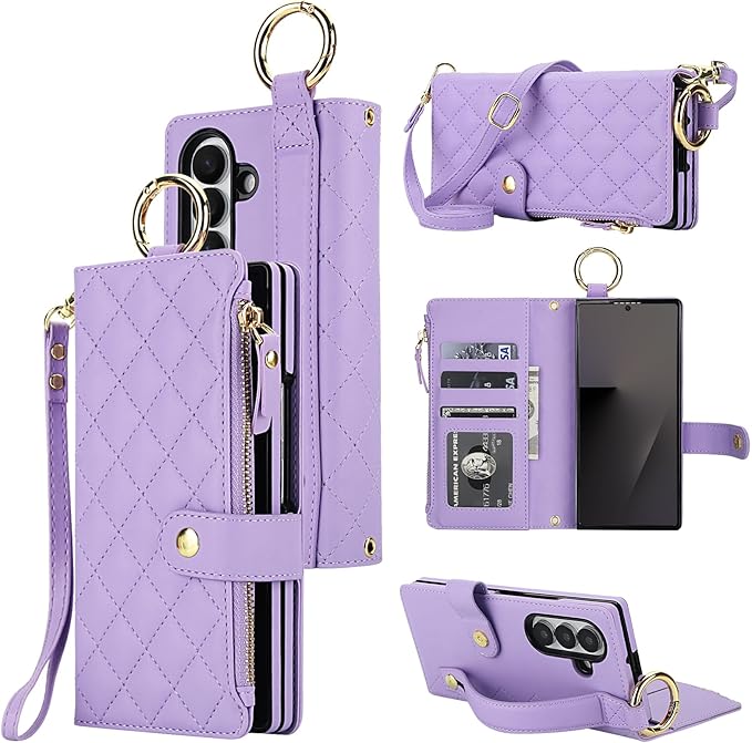 KIHUWEY for Galaxy Z Fold 7 Wallet Case with Card Holder Premium Leather Magnetic RFID Blocking Shockproof Zipper Wrist Strap Lanyard Cover for Samsung Galaxy Z Fold 7 8.0 Inch (Purple)