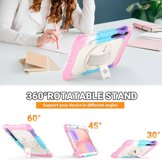 SEYMAC Case for Samsung Galaxy Tab S10 Lite/ S10 FE/ S9 FE/ S9 5G (10.9''/11''), Heavy Duty Shockproof Protective Case with Screen Protector, Rotating Stand, Hand Strap and Pen Holder, Pink
