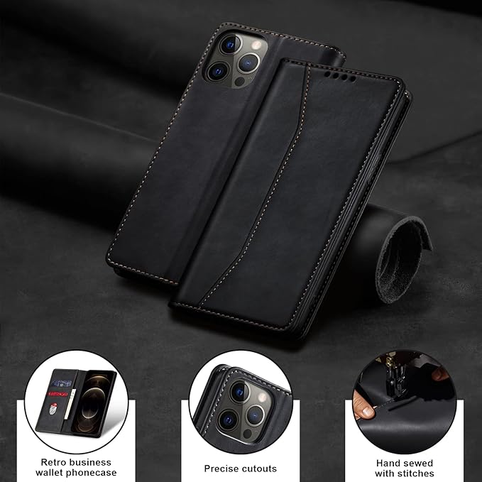 Jasonyu Flip Wallet Case for iPhone 12 Pro Max,Leather Magnetic Folio Cover with Card Holder,Kickstand - TPU Shockproof Durable Protective Phone Case,Black