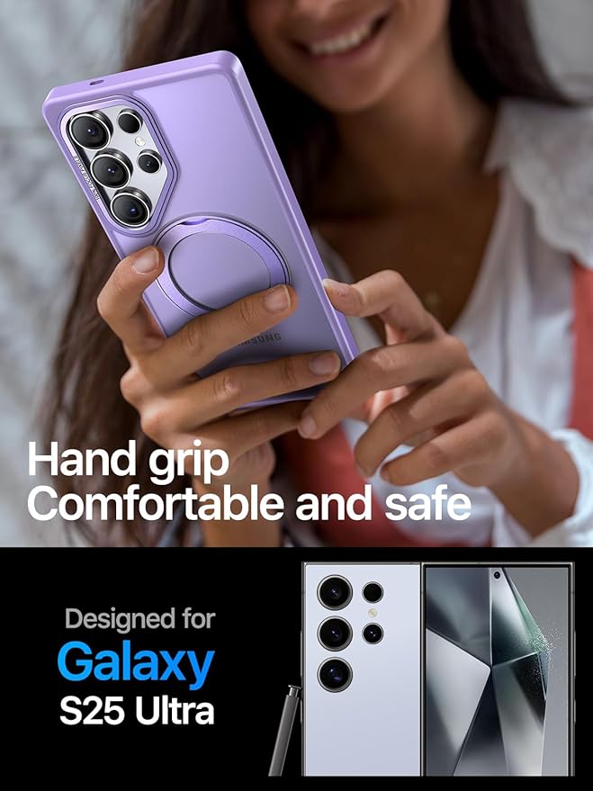 QTlier Phone case for Galaxy S25 Ultra- 360 Rotatable Magnetic Ring Stand, Military-Grade Protection, Raised Camera Frame Lilac