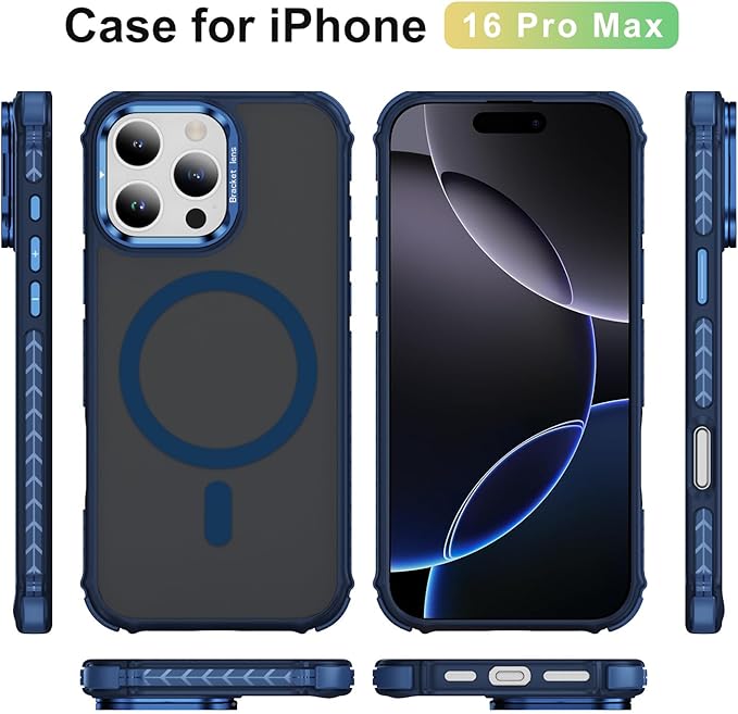 Magnetic for iPhone 16 Pro Max Case Blue with MagSafe Wireless Charging Heavy Duty Military-Grade Shockproof Protection Adjustable Kickstand Slim Matte Anti-Fingerprint Cover Men Women