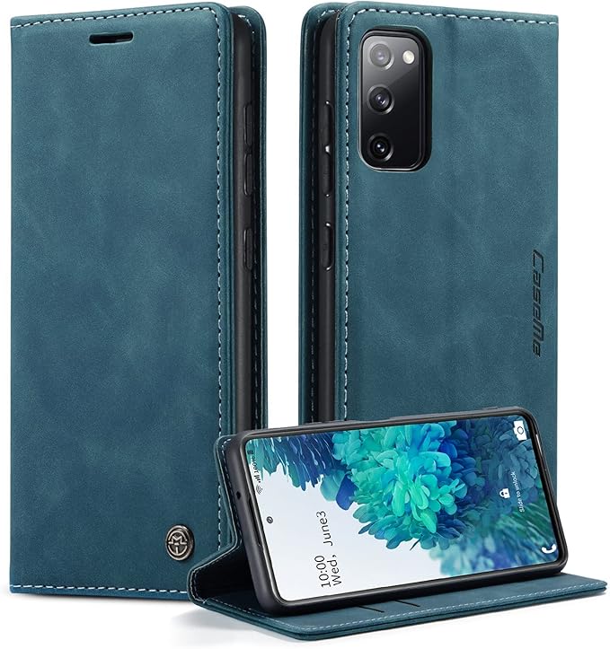 for Samsung Galaxy S20 FE Case, Flip Wallet Leather Case with Card Holder Magnetic Closure Shockproof Kickstand Protective Phone Cases Cover for Samsung S20 FE,Blue-Green