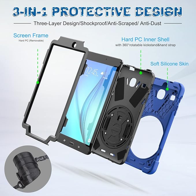 BRAECNstock Samsung Galaxy Tab E 8.0 Case (SM-T375/T377/T378), Heavy Duty Shockproof Protective Cover with 360° Stand&Hand Strap,Shoulder Strap,Samsung SM-T377A/T377V/T378V Tablet Case for Kids,Blue
