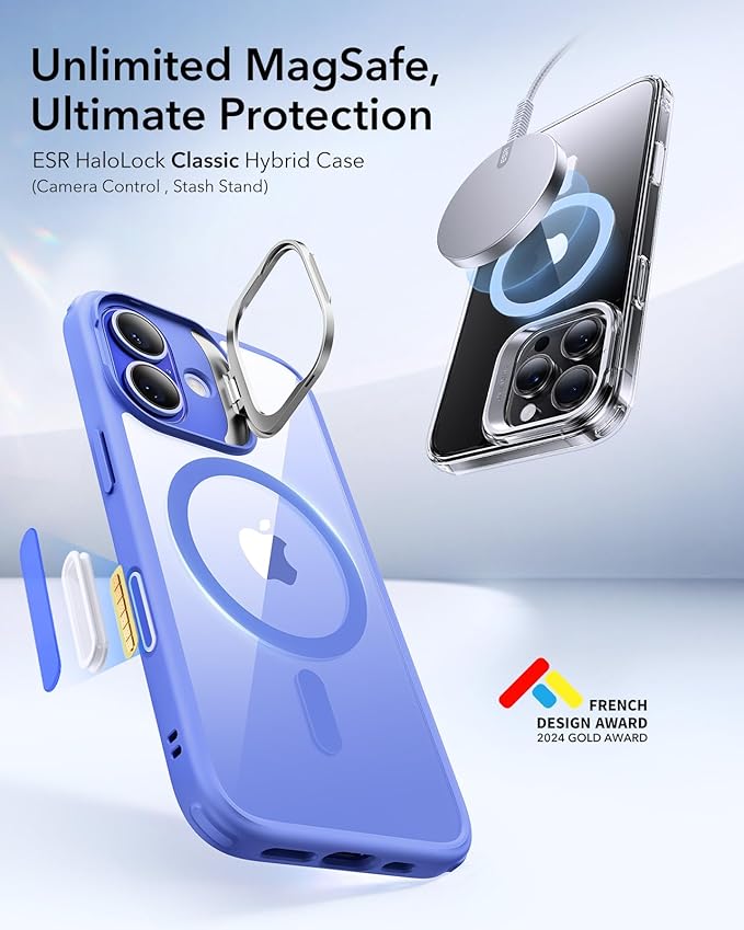 ESR for iPhone 16 Case, Camera Control Button Compatible with MagSafe, Military-Grade Protective Case, Built-in Stash Stand Phone Case, Scratch-Resistant Back Cover, Classic Series, Clear Blue