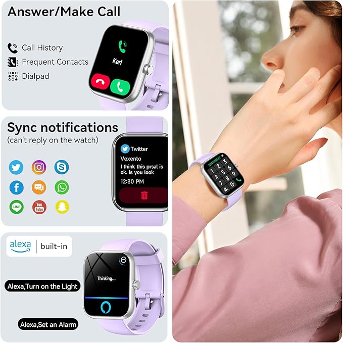 Smart Watch with Alexa Built-in, 1.83" HD Touchscreen, Bluetooth Calling Fitness Tracker, Health Monitor Heart Rate/Sleep Tracking, IP68 Waterproof, 120+ Sports Modes for Android iPhone (Purple)