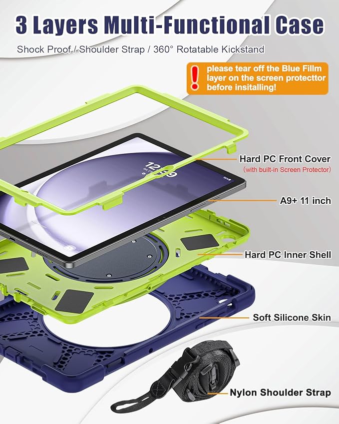 BRAECN Case for Samsung Galaxy Tab A9+ Plus 11” 2023 SM-X210/X216/X218, Heavy Duty Rugged Silicone Cover with Screen Protector, 360 Degree Rotating Stand, Stable Kickstand, Shoulder Strap, Navy Green