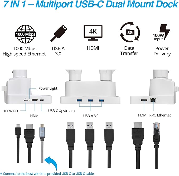 AVLT Dual 17”-38" Monitor Arm Desk Mount with 17" Laptop Tray and USB-C Docking Station, HDMI 4K60Hz, USB-A 5Gbps, Ethernet, 100W PD, Fits Two Flat/Curved Monitor - White