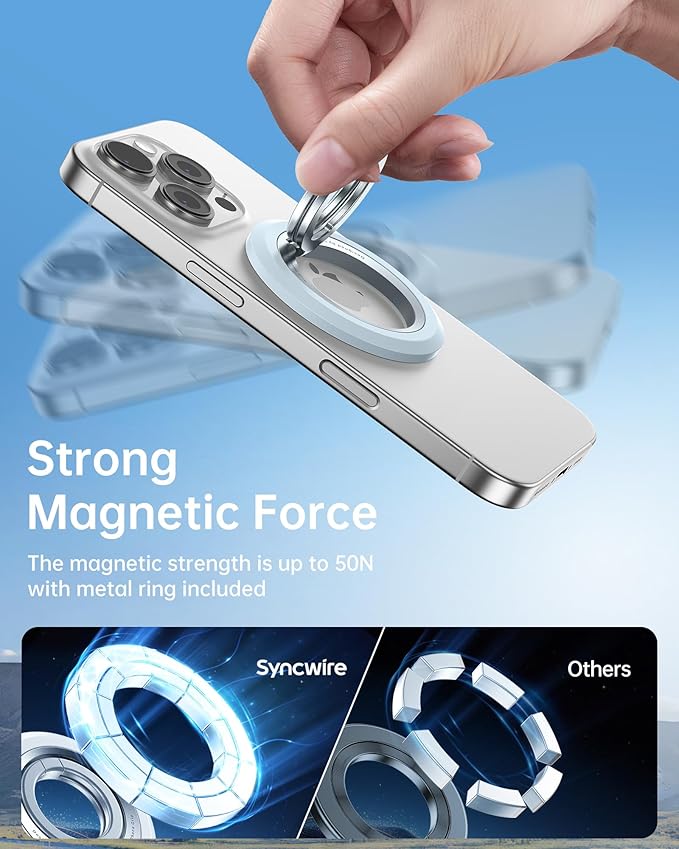 SYNCWIRE Magnetic Phone Ring Holder for MagSafe, 360° Rotation Dual Sided Magnet Grip Cell Phone Ring Stand Finger Kickstand Compatible with iPhone 16 15 14 13 12 Pro Max fits MagSafe - Blue