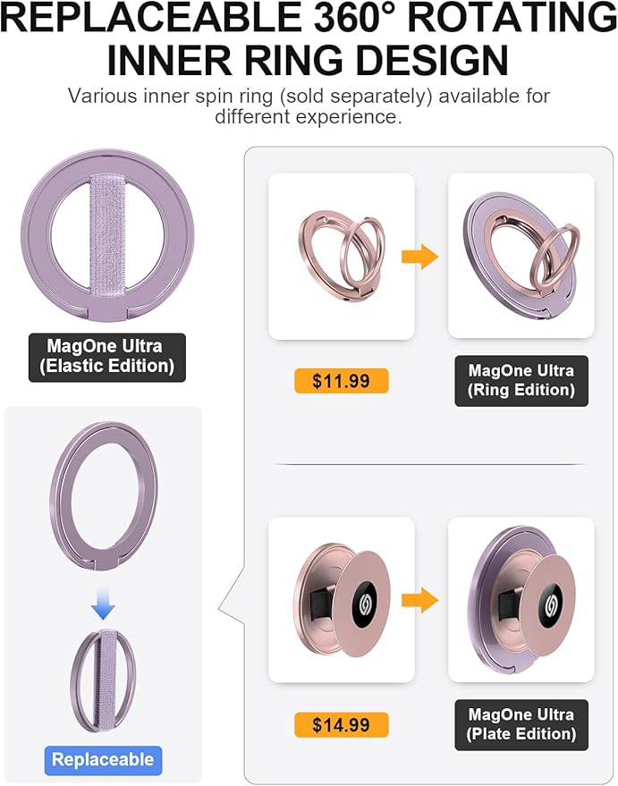 EWA MagOne Ultra for Magsafe Phone Grip Kickstand [Replaceable Elastic Finger Loop], Mag Safe Ring Holder Stand, Two-Sided Magnetic Phone Accessories for iPhone 17,16,15,14,13,12 Pro/Max/Plus-Purple