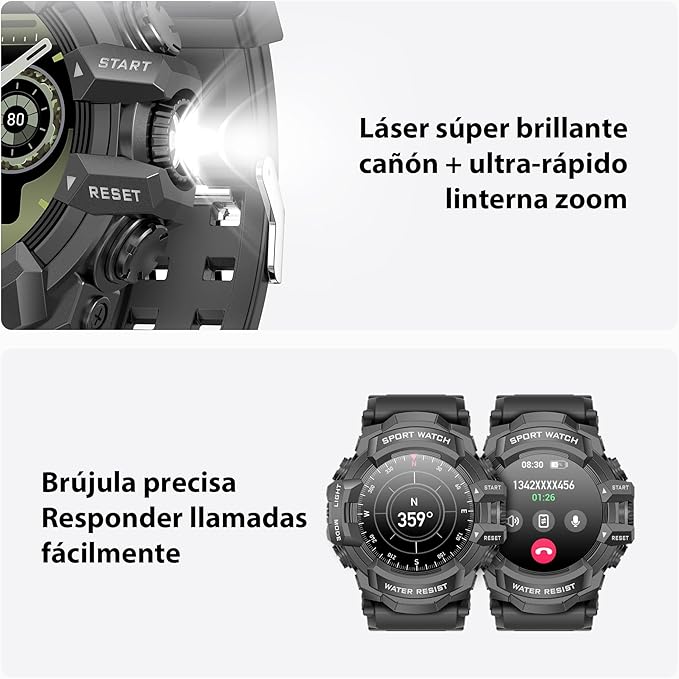 MIDDOW Military Smart Watch with Flashlight (Answer/Make Call) Compass, Heart Rate/Sleep/Pedometer/100+ Sports Modes, Fitness Tracker IP68 Waterproof, Long Battery Life Android & iOS (Black)