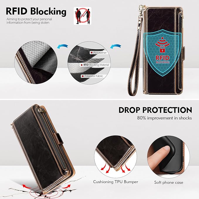 Antsturdy Compatible with Samsung Galaxy Z Fold7 Case Wallet with Card Holder,Z Fold 7 5G Phone Case with Strap Shockproof PU Leather RFID Blocking Flip Cover Credit Card Slots Women Men,Coffee