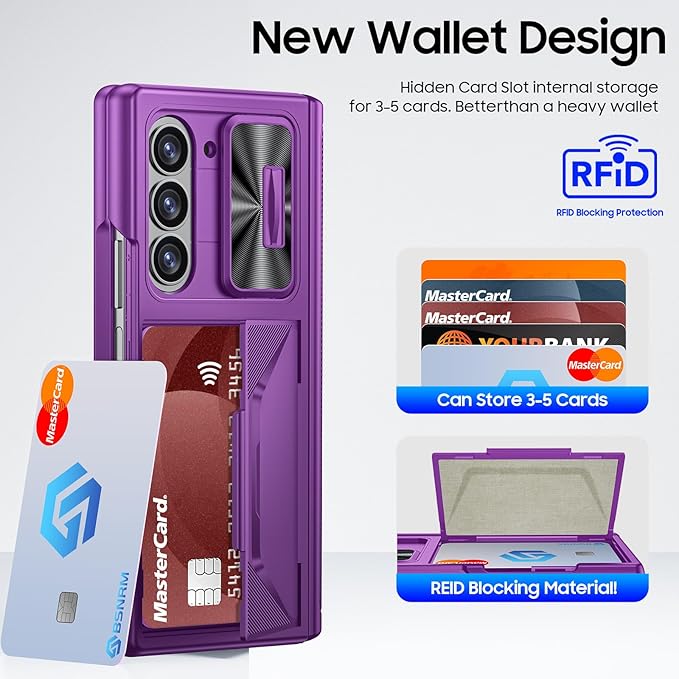 for Samsung Galaxy Z Fold 6 Case with Card Holder, Built in RFID Blocking & Slide Camera Cover & Hinge Protection & Full-Body Rugged Shockproof Wallet Case for Galaxy Z fold 6,Purple