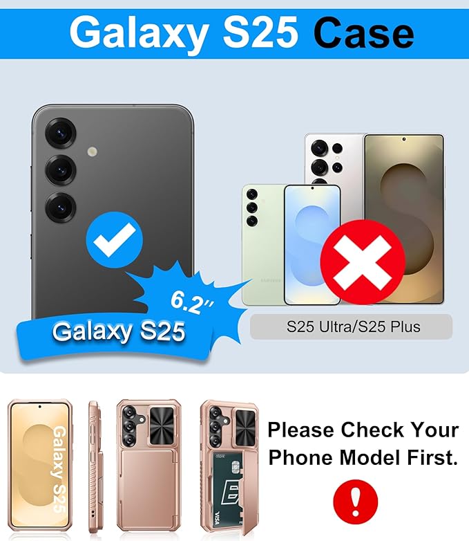 for Samsung Galaxy S25 Phone Case Wallet, Card Holder (4-5 Cards), RFID Block, Slide Camera Cover, Military Grade Shockproof, Heavy Duty Men Women Phone Cases for Samsung Galaxy S25, Rose Gold