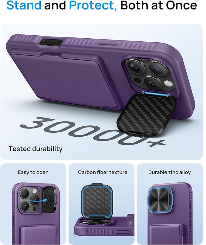 for iPhone 16 Pro Max Case with Kickstand & Card Holder & Camera Lens Cover, Military Grade Drop Protection Shockproof Rugged Stand Phone Cover Case for iPhone 16 Pro Max 6.9", Purple