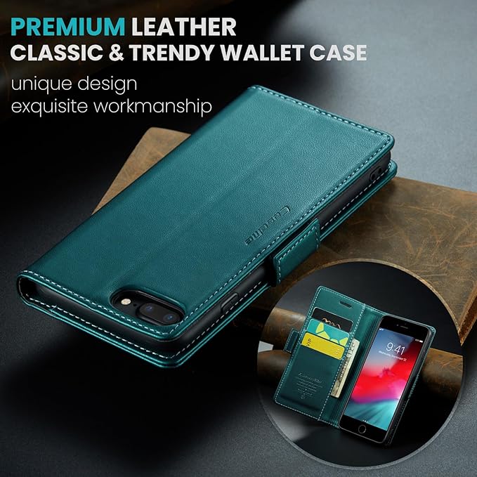 for iPhone 8 Plus & 7 Plus Case, Premium PU Leather Wallet Case Flip Cover with [RFID Blocking][Card Holder][Stand Function] Shockproof Protective for iPhone 8 Plus & 7 Plus, Blue-Green