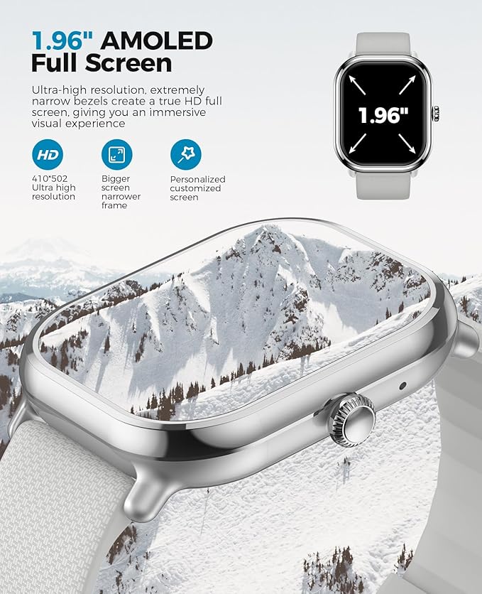 Smart Watch for Men, 1.96" AMOLED Smartwatch with 100+ Sport Modes Blood Pressure Blood Oxygen Heart Rate Monitor, IP68 Waterproof Fitness Tracker Compatible with iOS and Android(Silver)