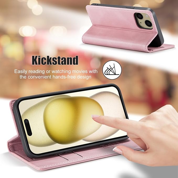 japezop iPhone 15 5G Wallet Case with [RFID Blocking],Card Holder Kickstand Magnetic,Leather Flip Case Wallet for iPhone 15 5G 6.1 Inch(Pink)