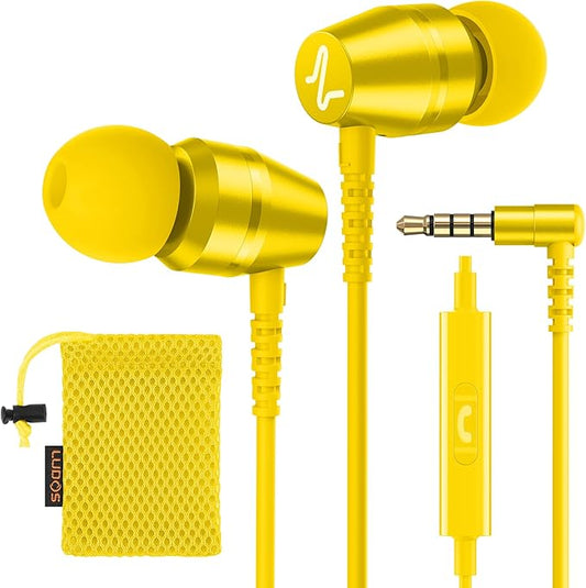 LUDOS OMNITONE Wired Earbuds in-Ear Headphones, 5 Years Warranty, Earphones with Microphone, 3.5 mm Jack Corded Ear Buds, Videoconference for iPhone, Samsung, Laptop, Kids, School Students - Yellow