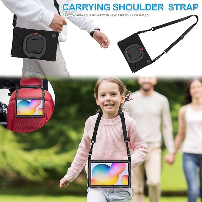 BATYUE Case for Samsung Galaxy Tab S6 Lite 10.4 Inch 2024/2022/2020 (SM-P610/SM-P613/SM-P615/SM-P619/SM-P620), Protective Case with Shoulder Strap, 360° Swivel Stand, Shockproof Drop; for Kids - Black