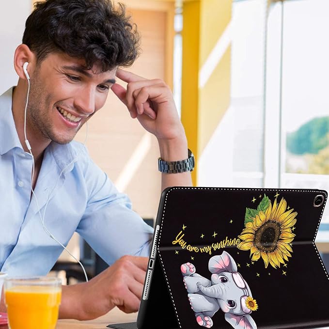 Case for Samsung Galaxy Tab A9 Plus 11 inch 2023，Slim Fit Foldable Standing Cover Case with Auto Sleep/Wake for Galaxy Tab A9+ 11’2023 (SM-X210/X216/X218)，Cute Elephant and Sunflower