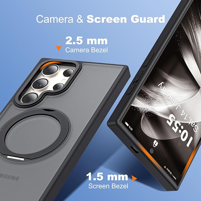 Compatible with Samsung Galaxy S24 Ultra Case with 360Rotatable Magnetic Ring Stand Compatible with Mag-Safe Military Protection Matte Translucent Phone Cases for S24 Ultra 6.8",Black