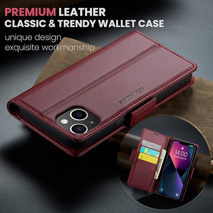 for iPhone 14 Case, Premium PU Leather Wallet Case Flip Cover with [RFID Blocking][Card Holder][Stand Function] Shockproof Protective for iPhone 14 6.1 inch, Red