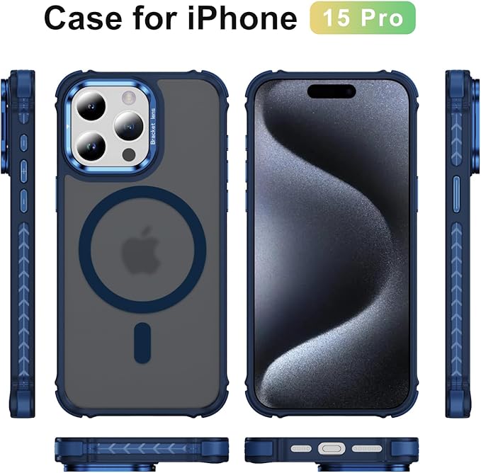 Magnetic for iPhone 15 Pro Case Blue with MagSafe Wireless Charging Heavy Duty Military-Grade Shockproof Protection Adjustable Kickstand Slim Matte Anti-Fingerprint Cover Men Women