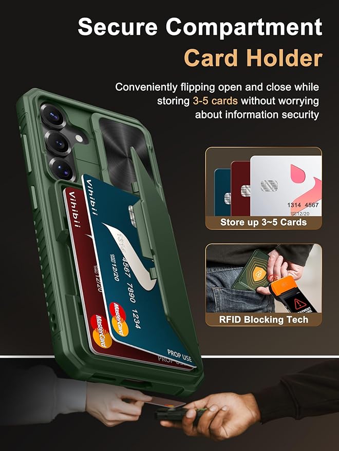 Vihibii for Samsung Galaxy S25 Wallet Case, Built-in Card Holder (4 Cards), [RFID Blocking] & Slide Camera Cover, Military Grade Drop Protection, TPU Soft Edge Case for Samsung Galaxy S25, Green