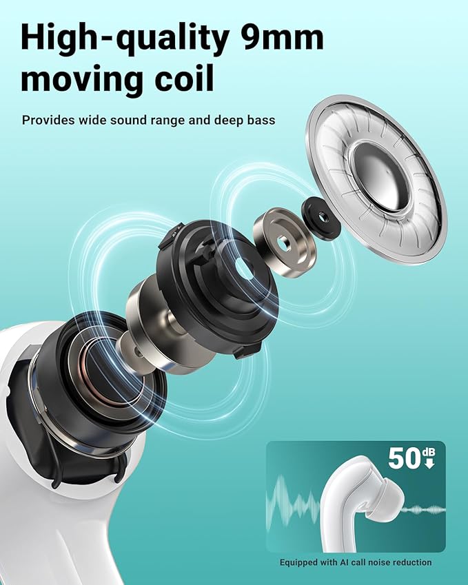 ACEFAST T9 Bluetooth Earphones True Wireless Earbuds 5.3 Headphones with ENC Noise Canceling Earbuds 30h Playback LED Power Display Built in Mic Headphones with IPX4 Waterproof for Sports White