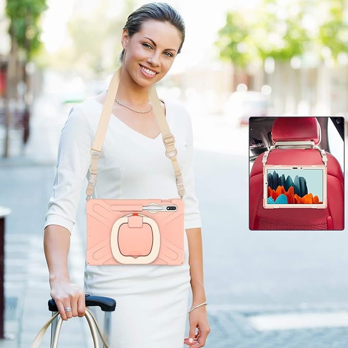 360 Rotation Portable Case for Galaxy Tab S8 11/'' / S7 11 inch with S Pen Holder Rugged Rotating Stand Hand Strap Shoulder Carrying Outdoor Cover (Pink)