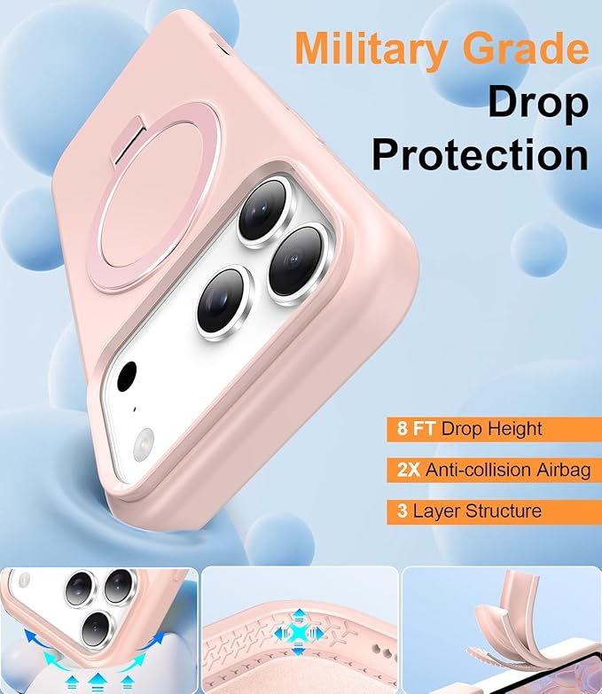 ZHK Liquid Silicone Designed for iPhone 17 Pro Max Case with Magnet Stand, [Precise Camera Lens Protection][Mil-Grade Drop Shockproof][Soft Anti-Scratch Microfiber Lining] Slim Fit Cover, Pink