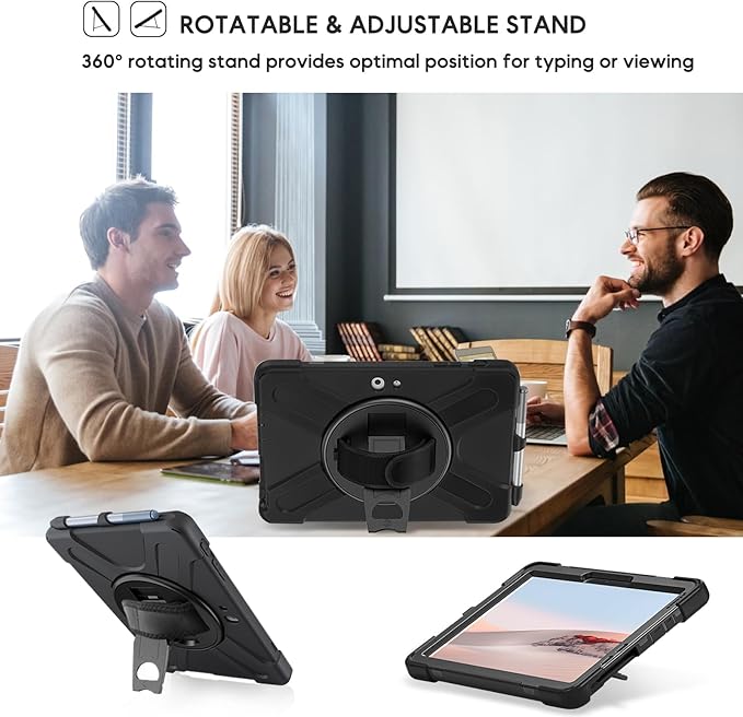 DreamerX for Microsoft Surface Go 4/3/2/1 Case (2023/2021/2020/2018), Heavy Duty Military Grade Rugged Shockproof Kids Friendly Drop Protection Cover w/Rotating Stand Hand Strap Shoulder Strap, Black