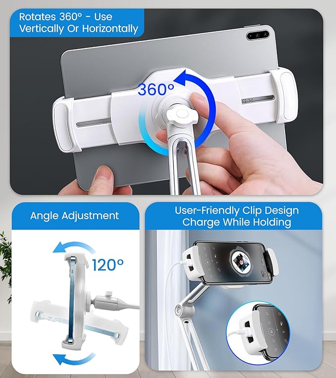 Adjustable Desk Tablet Stand, 360° Swivel iPad Kiosk Stand Fits for 4.7"-12" iPad Air mini Pro, iPhone, Samsung POS, Kindle, Aluminu Alloy Foldable Arm Holder for Store Kitchen Desktop, White