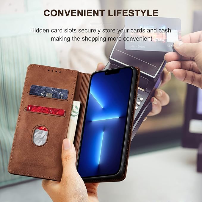 Jasonyu Flip Wallet Case for iPhone 13 Pro,Leather Magnetic Folio Cover with Card Holder,Kickstand - TPU Shockproof Durable Protective Phone Case,Brown