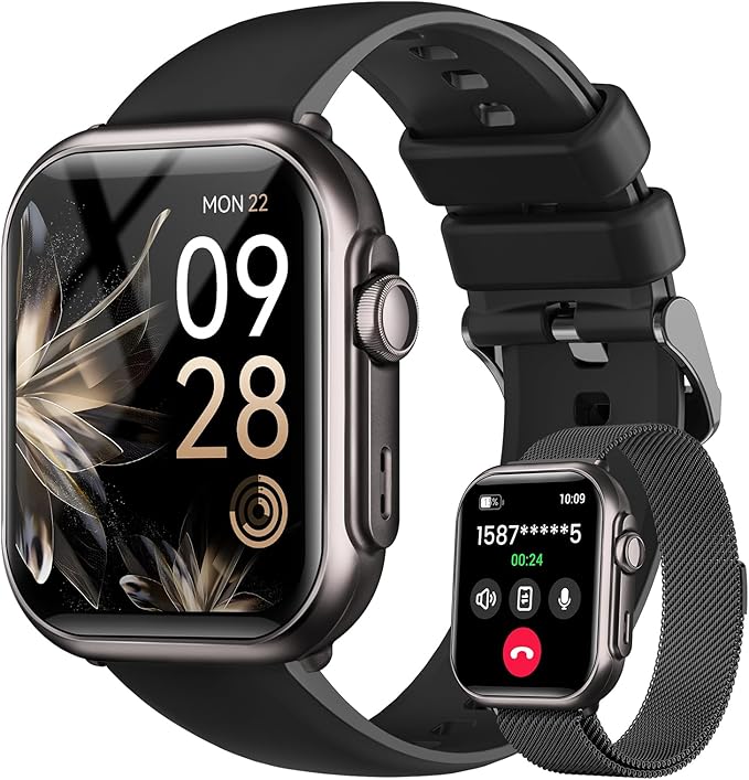 Smart Watch for Women for iPhone&Android: 100 Day+Battery Life, Smart Watch Bluetooth Call with 24/7 SpO2 Sleep Heart Rate Monitor, IP68 Waterproof,Fitness Tracker with 120+Sport,Reloj Black 2 Bands