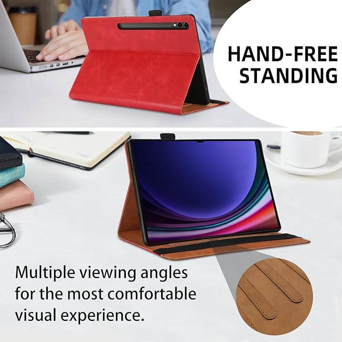 Case for Samsung Galaxy Tab S9 Ultra 2023/ Tab S8 Ultra 2022 14.6 inch, Business PU Leather with Card Slot Pen Holder Multi-Angle Stand for Model SM-X900/X906 - Red