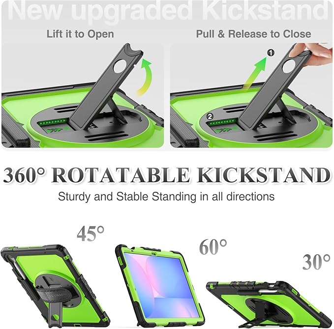 SEYMAC stock Case for Samsung Galaxy Tab S10 FE+ Plus 5G Tablet Case 13.1'' Protective with Screen Protector, Pencil Holder, 360 Rotating Stand, Hand Strap, Shoulder Strap, Green1