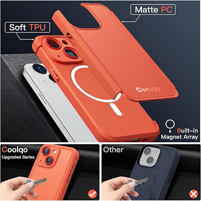 COOLQO Magnetic for iPhone 13 Case, Compatible with MagSafe, Dual Layer Design Military Grade Protection, Translucent Matte Scratch-Resistant Back Protective Shockproof Phone Case, Orange